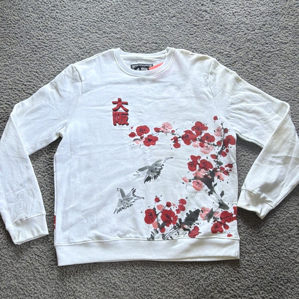 NWT Blind Rooster Osaka Cherry Blossom Crane Sweatshirt White Large Japanese